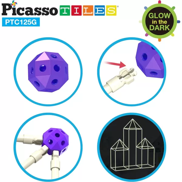 PicassoTiles Kids Fort Building Kit Glow In The Dark Playset 125 Piece Indoor Outdoor Toy Set Fort Construction Builders Toys for Boys Girls STEM Learning Castle System Tunnel Tent Rocket Pretend PlayPTC125G
