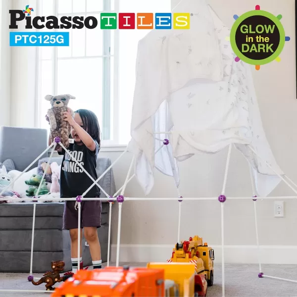 PicassoTiles Kids Fort Building Kit Glow In The Dark Playset 125 Piece Indoor Outdoor Toy Set Fort Construction Builders Toys for Boys Girls STEM Learning Castle System Tunnel Tent Rocket Pretend PlayPTC125G