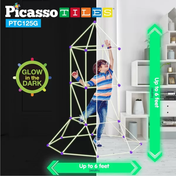 PicassoTiles Kids Fort Building Kit Glow In The Dark Playset 125 Piece Indoor Outdoor Toy Set Fort Construction Builders Toys for Boys Girls STEM Learning Castle System Tunnel Tent Rocket Pretend PlayPTC125G