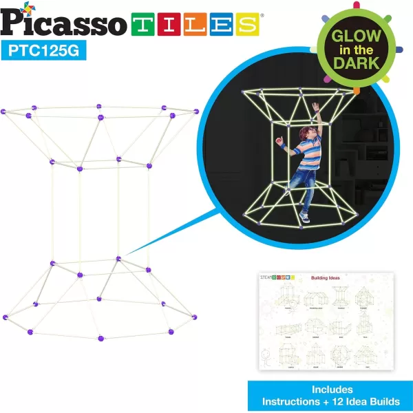 PicassoTiles Kids Fort Building Kit Glow In The Dark Playset 125 Piece Indoor Outdoor Toy Set Fort Construction Builders Toys for Boys Girls STEM Learning Castle System Tunnel Tent Rocket Pretend PlayPTC125G