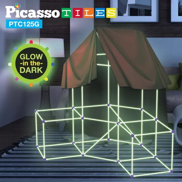 PicassoTiles Kids Fort Building Kit Glow In The Dark Playset 125 Piece Indoor Outdoor Toy Set Fort Construction Builders Toys for Boys Girls STEM Learning Castle System Tunnel Tent Rocket Pretend PlayPTC125G