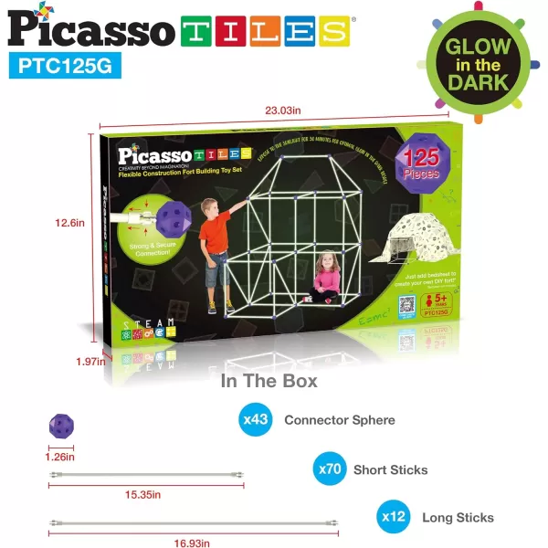 PicassoTiles Kids Fort Building Kit Glow In The Dark Playset 125 Piece Indoor Outdoor Toy Set Fort Construction Builders Toys for Boys Girls STEM Learning Castle System Tunnel Tent Rocket Pretend PlayPTC125G