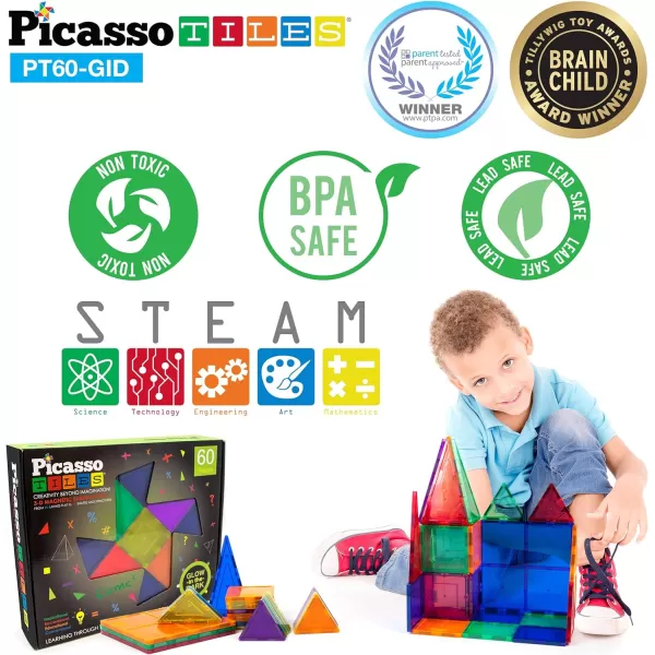 PicassoTiles Kids Toy Building Block Set Glow in The Dark Children Construction Kit Magnet Tiles Magnetic STEM Interlocking Playboard Educational Learning Stacking Blocks Child Brain Development PT60PicassoTiles Kids Toy Building Block Set Glow in The Dark Children Construction Kit Magnet Tiles Magnetic STEM Interlocking Playboard Educational Learning Stacking Blocks Child Brain Development PT60
