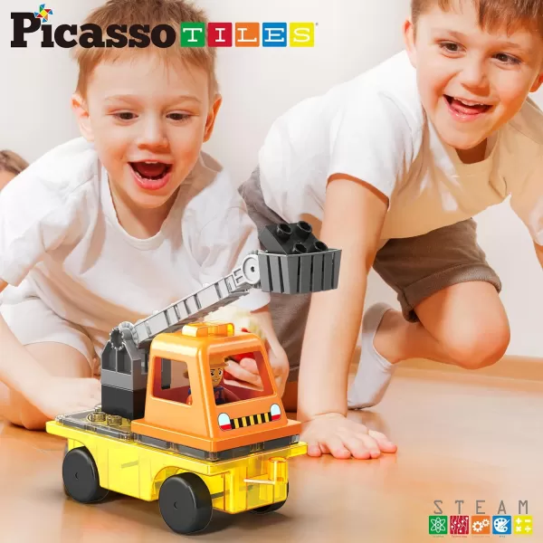 PicassoTiles Magnet Tile Building Blocks 3in1 Crane Dump Truck and Ladder Construction Vehicle Brick Compatible Magnetic Tiles Toy Set with Car Base Character Action STEM Learning Kit Age 3 PTU03PicassoTiles Magnet Tile Building Blocks 3in1 Crane Dump Truck and Ladder Construction Vehicle Brick Compatible Magnetic Tiles Toy Set with Car Base Character Action STEM Learning Kit Age 3 PTU03