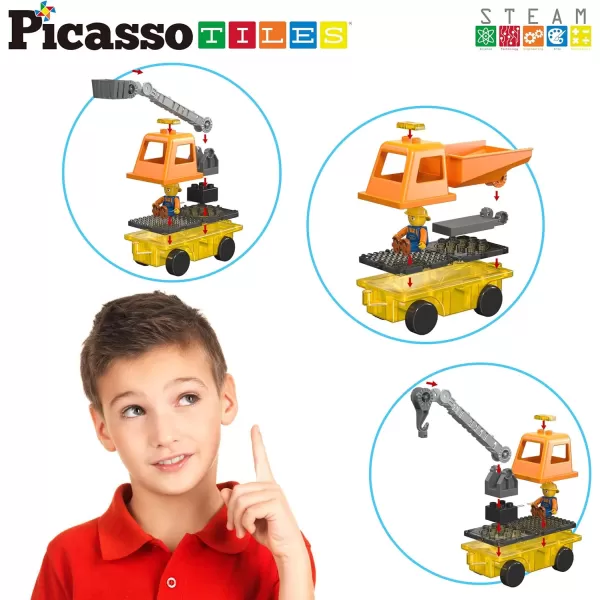 PicassoTiles Magnet Tile Building Blocks 3in1 Crane Dump Truck and Ladder Construction Vehicle Brick Compatible Magnetic Tiles Toy Set with Car Base Character Action STEM Learning Kit Age 3 PTU03PicassoTiles Magnet Tile Building Blocks 3in1 Crane Dump Truck and Ladder Construction Vehicle Brick Compatible Magnetic Tiles Toy Set with Car Base Character Action STEM Learning Kit Age 3 PTU03