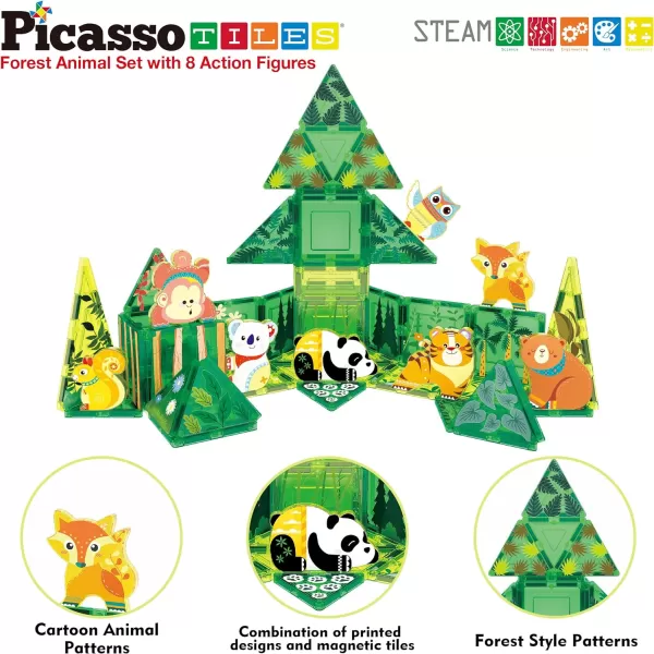 PicassoTiles Magnet Tile Building Blocks Farm Animal Toy Set with 8 Character Action Figures Magnetic Tiles STEM Learning Kit Playset Educational Pretend Play Preschool Toddler Child Kid Age 3 PTQ17Forest