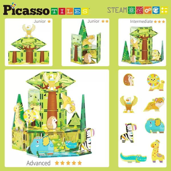 PicassoTiles Magnet Tile Building Blocks Farm Animal Toy Set with 8 Character Action Figures Magnetic Tiles STEM Learning Kit Playset Educational Pretend Play Preschool Toddler Child Kid Age 3 PTQ17Safari