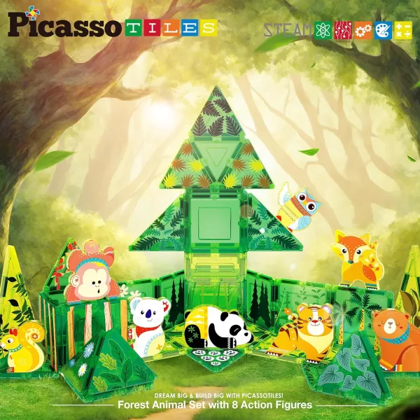 PicassoTiles Magnet Tile Building Blocks Farm Animal Toy Set with 8 Character Action Figures Magnetic Tiles STEM Learning Kit Playset Educational Pretend Play Preschool Toddler Child Kid Age 3 PTQ17Forest
