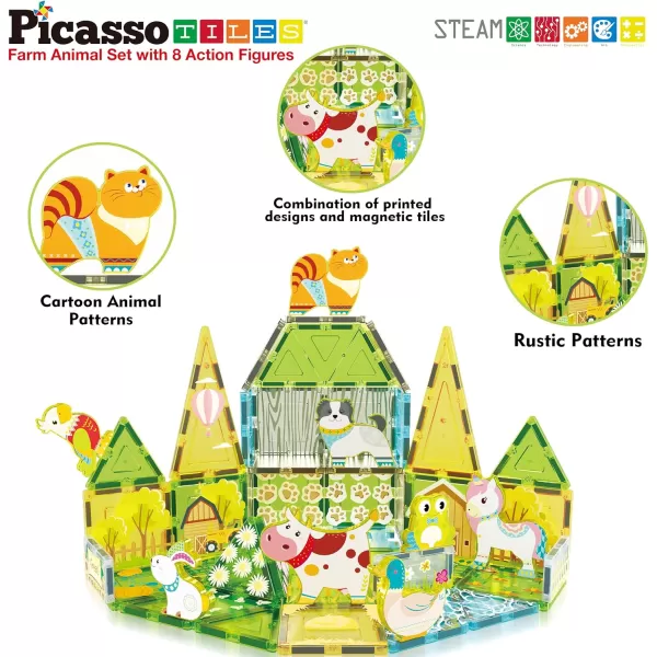 PicassoTiles Magnet Tile Building Blocks Farm Animal Toy Set with 8 Character Action Figures Magnetic Tiles STEM Learning Kit Playset Educational Pretend Play Preschool Toddler Child Kid Age 3 PTQ17Farm