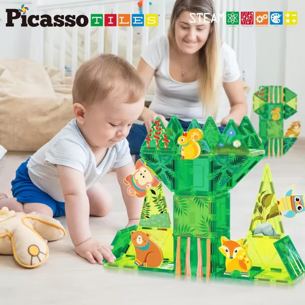 PicassoTiles Magnet Tile Building Blocks Farm Animal Toy Set with 8 Character Action Figures Magnetic Tiles STEM Learning Kit Playset Educational Pretend Play Preschool Toddler Child Kid Age 3 PTQ17Forest