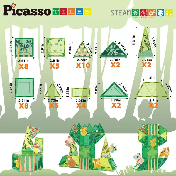 PicassoTiles Magnet Tile Building Blocks Farm Animal Toy Set with 8 Character Action Figures Magnetic Tiles STEM Learning Kit Playset Educational Pretend Play Preschool Toddler Child Kid Age 3 PTQ17Forest