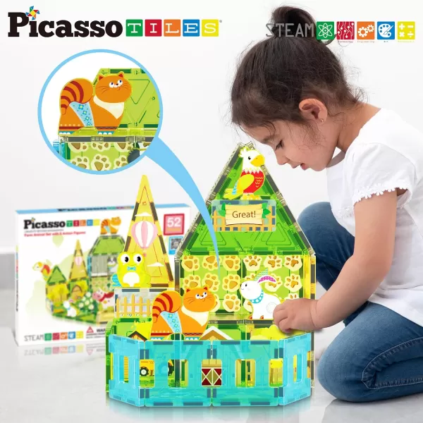 PicassoTiles Magnet Tile Building Blocks Farm Animal Toy Set with 8 Character Action Figures Magnetic Tiles STEM Learning Kit Playset Educational Pretend Play Preschool Toddler Child Kid Age 3 PTQ17Farm