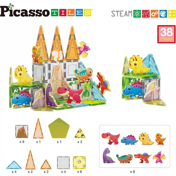 PicassoTiles Magnet Tile Building Blocks Farm Animal Toy Set with 8 Character Action Figures Magnetic Tiles STEM Learning Kit Playset Educational Pretend Play Preschool Toddler Child Kid Age 3 PTQ17Dinosaur