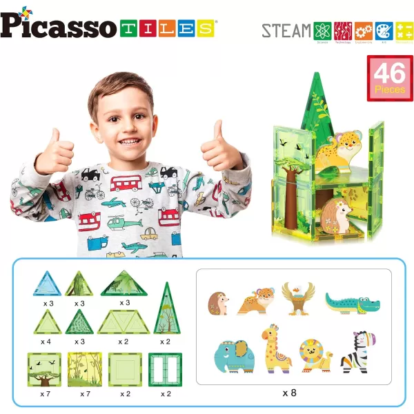 PicassoTiles Magnet Tile Building Blocks Farm Animal Toy Set with 8 Character Action Figures Magnetic Tiles STEM Learning Kit Playset Educational Pretend Play Preschool Toddler Child Kid Age 3 PTQ17Safari