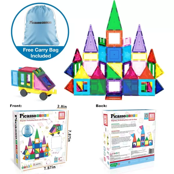 PicassoTiles Magnet Tile Building Blocks with Car Base Drawstring Storage Travel Bag Carry Case Magnetic Tiles Construction Toy STEM Learning Educational Kit Sensory Playset Preschool Kids 3 PC61PicassoTiles Magnet Tile Building Blocks with Car Base Drawstring Storage Travel Bag Carry Case Magnetic Tiles Construction Toy STEM Learning Educational Kit Sensory Playset Preschool Kids 3 PC61