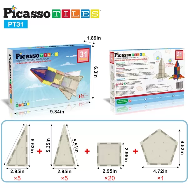 PicassoTiles UV Activated Color Changing Rocket Set 20 Piece Magnet Construction Toy Kit Engineering STEM Learning Playset Child Brain Development Stacking Blocks Playboard for All Ages 3 and Up PT31PicassoTiles UV Activated Color Changing Rocket Set 20 Piece Magnet Construction Toy Kit Engineering STEM Learning Playset Child Brain Development Stacking Blocks Playboard for All Ages 3 and Up PT31