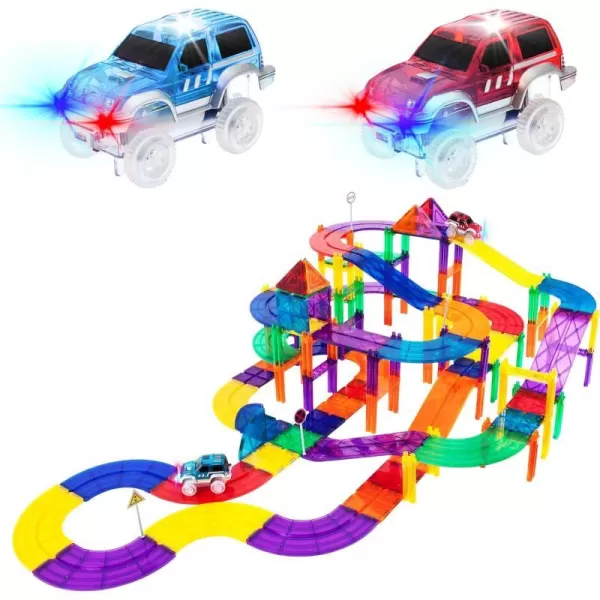 PicassoTiles 100 PCs Race Car Track Set Magnetic Toy Building Block with 2 LED Cars with Height Adjustable Roads Signs Education STEM Building Kit Learning Construction Fun for Boys amp Girls Ages 3PTR100