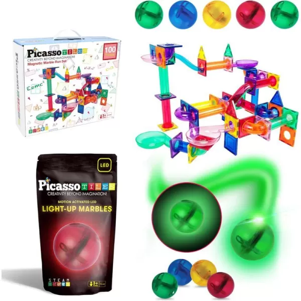 PicassoTiles 100PC Marble Run Race Track  4PC LED LightUp Glow in The Dark Translucent Balls STEAM Educational Playset for Kids  Fun Learning Construction Toy Creative Design Sensory DevelopmentPicassoTiles 100PC Marble Run Race Track  4PC LED LightUp Glow in The Dark Translucent Balls STEAM Educational Playset for Kids  Fun Learning Construction Toy Creative Design Sensory Development
