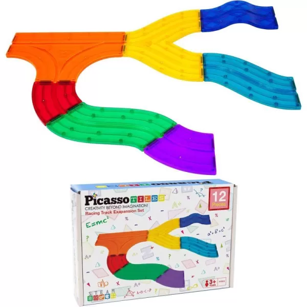 PicassoTiles 12 Piece Race Track AddOn Magnetic Building Block Set Magnet Tiles Construction Toy STEM Learning Kit Early Education Kids Toys Playset Pretend Play Blocks Child Brain Development PTR12PTR12