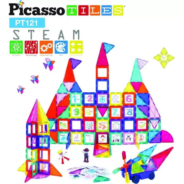 PicassoTiles 121 pc Master Builder Magnetic Building Block Construction Set Magnet Tiles Blocks with Car Truck 2 Character Action Figures 28 Educational Alphabet Animal and Number Graphics Windmill121PC