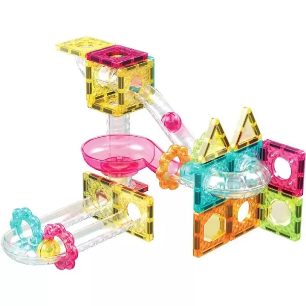 PicassoTiles 40pc Mini Diamond Series Magnetic Tile Race Track Set LED Car Travel Size Magnet Block Toy Set Magnetized Building Fine Motor Skill STEM Education Learning Development Kit Ages 3 PTMR4045pc Marble Run