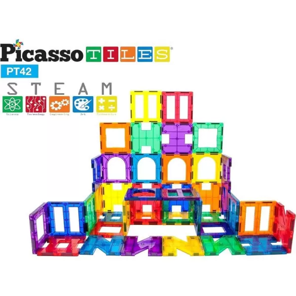 PicassoTiles 42 PCs Magnetic Tile Building Block Set with Unique SeeThrough Shapes Constructing Different Type of Building Playset Educational STEM Learning Kit Colorful Blocks for Kids Ages 3PT42