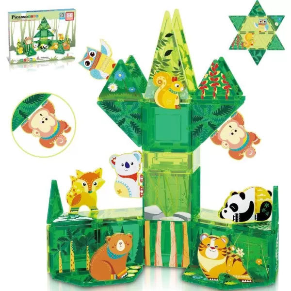 PicassoTiles Magnet Tile Building Blocks Farm Animal Toy Set with 8 Character Action Figures Magnetic Tiles STEM Learning Kit Playset Educational Pretend Play Preschool Toddler Child Kid Age 3 PTQ17Forest