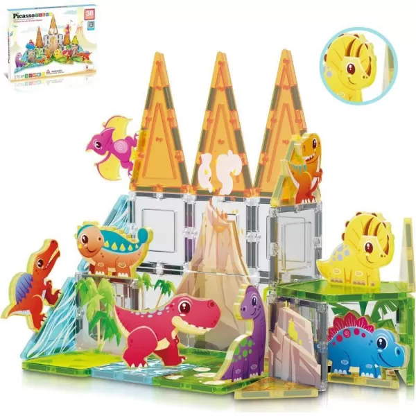 PicassoTiles Magnet Tile Building Blocks Farm Animal Toy Set with 8 Character Action Figures Magnetic Tiles STEM Learning Kit Playset Educational Pretend Play Preschool Toddler Child Kid Age 3 PTQ17Dinosaur