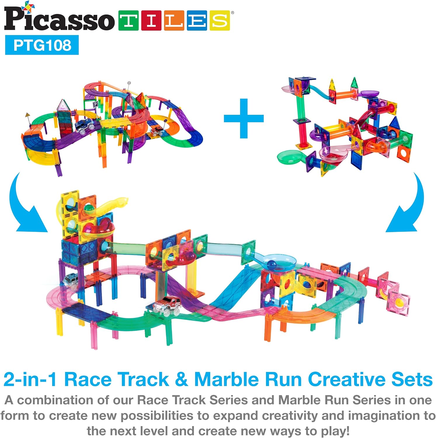 PicassoTiles 108pc 2in1 Marble Run Car Race Track Combo Magnetic Tiles PicassoToys Magnet Building Block Educational Construction Toy Playset STEM STEAM Learning Kit Child Brain Development PTG108PTG108