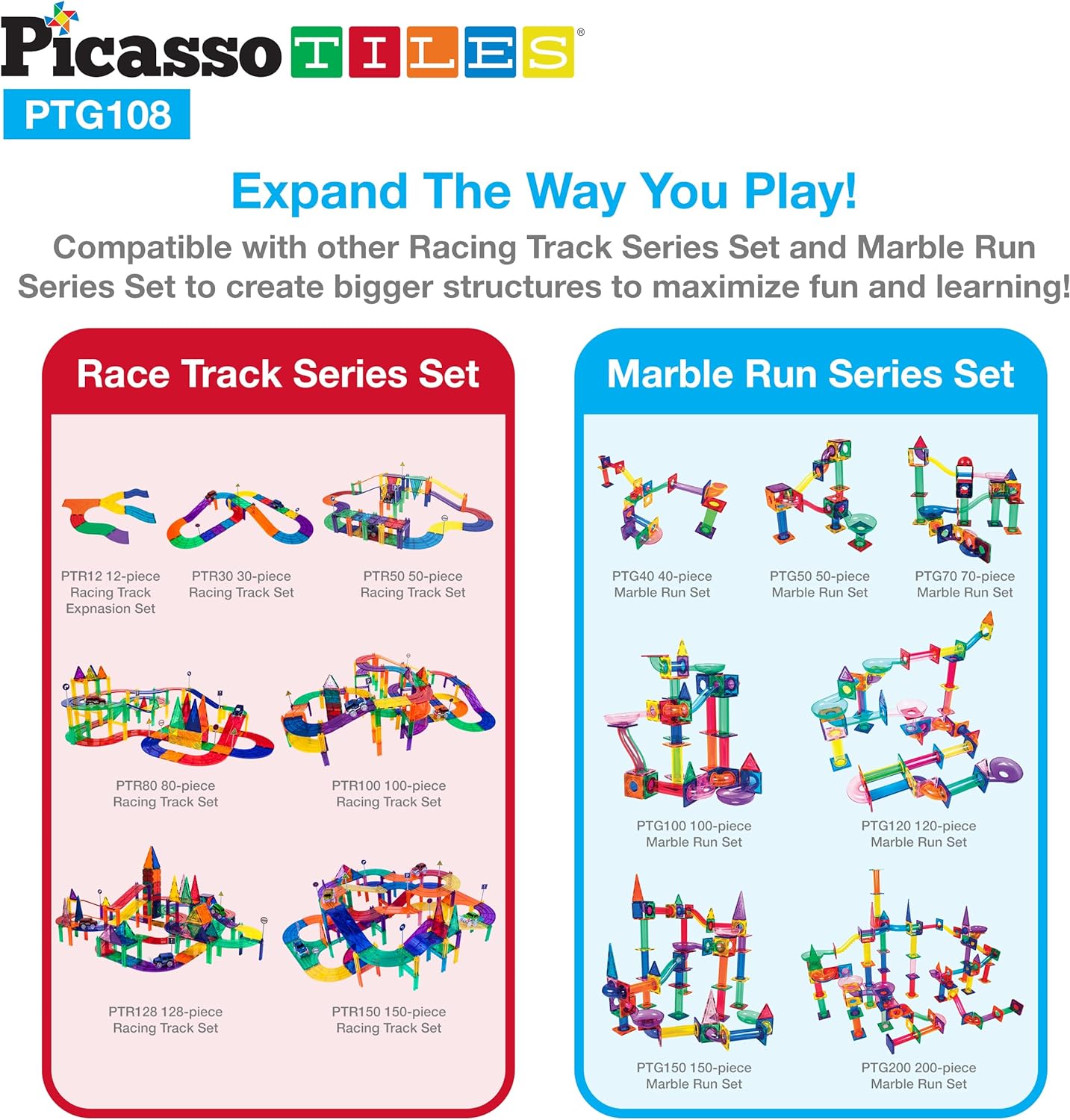 PicassoTiles 108pc 2in1 Marble Run Car Race Track Combo Magnetic Tiles PicassoToys Magnet Building Block Educational Construction Toy Playset STEM STEAM Learning Kit Child Brain Development PTG108PTG108