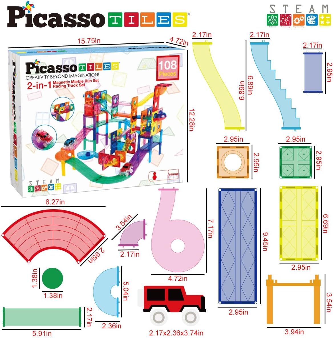 PicassoTiles 108pc 2in1 Marble Run Car Race Track Combo Magnetic Tiles PicassoToys Magnet Building Block Educational Construction Toy Playset STEM STEAM Learning Kit Child Brain Development PTG108PTG108