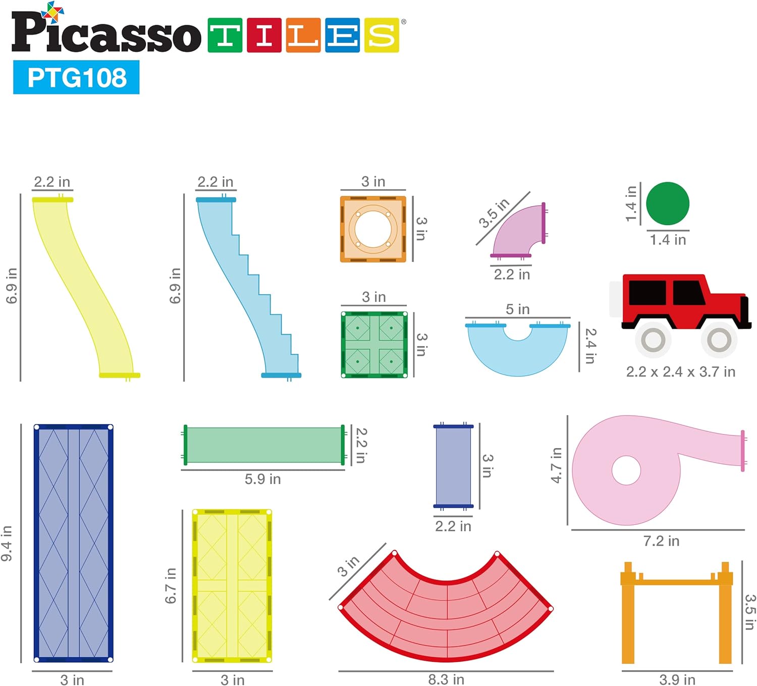 PicassoTiles 108pc 2in1 Marble Run Car Race Track Combo Magnetic Tiles PicassoToys Magnet Building Block Educational Construction Toy Playset STEM STEAM Learning Kit Child Brain Development PTG108PTG108