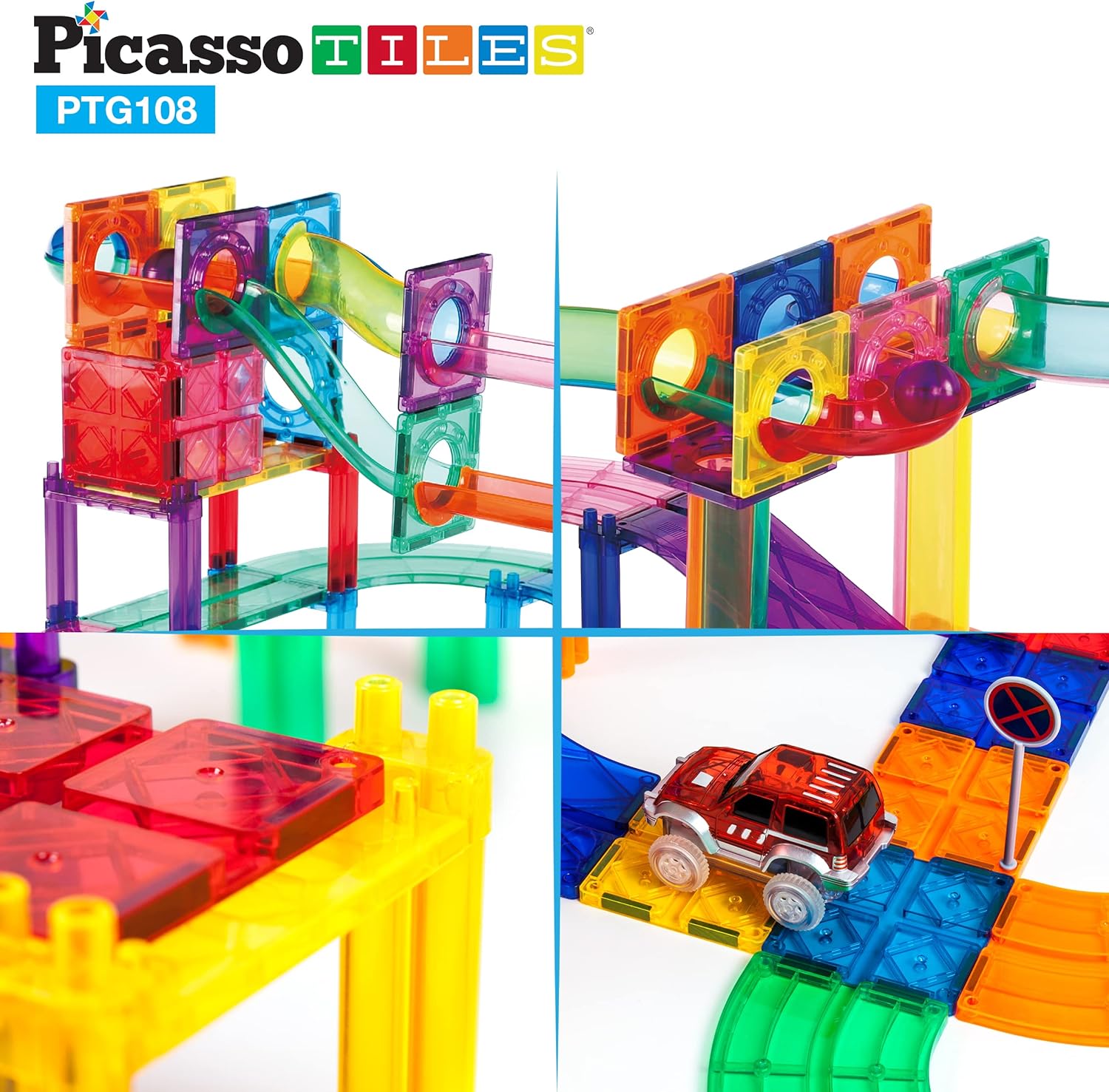 PicassoTiles 108pc 2in1 Marble Run Car Race Track Combo Magnetic Tiles PicassoToys Magnet Building Block Educational Construction Toy Playset STEM STEAM Learning Kit Child Brain Development PTG108PTG108
