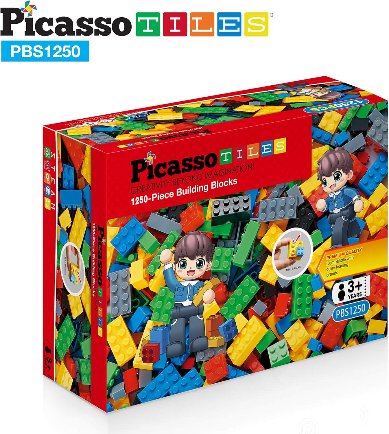 PicassoTiles 150 Piece Large Construction Brick Building Blocks STEM Bricks Toy Set Creative Learning Early Education Playset 5 Colors 4 Unique Shapes Mix amp Match Toys for Kids Boys Girls Child Age 3PBS1250