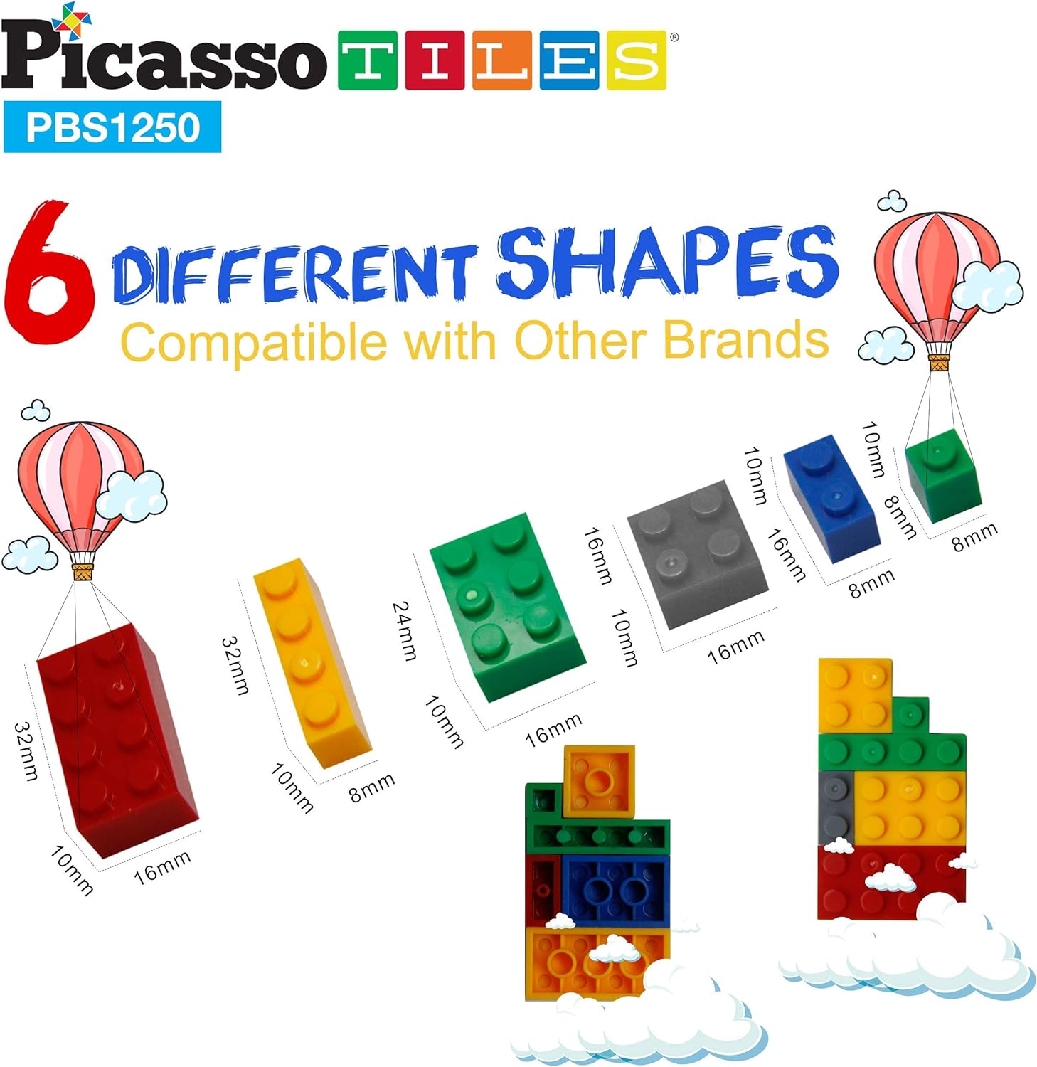 PicassoTiles 150 Piece Large Construction Brick Building Blocks STEM Bricks Toy Set Creative Learning Early Education Playset 5 Colors 4 Unique Shapes Mix amp Match Toys for Kids Boys Girls Child Age 3PBS1250