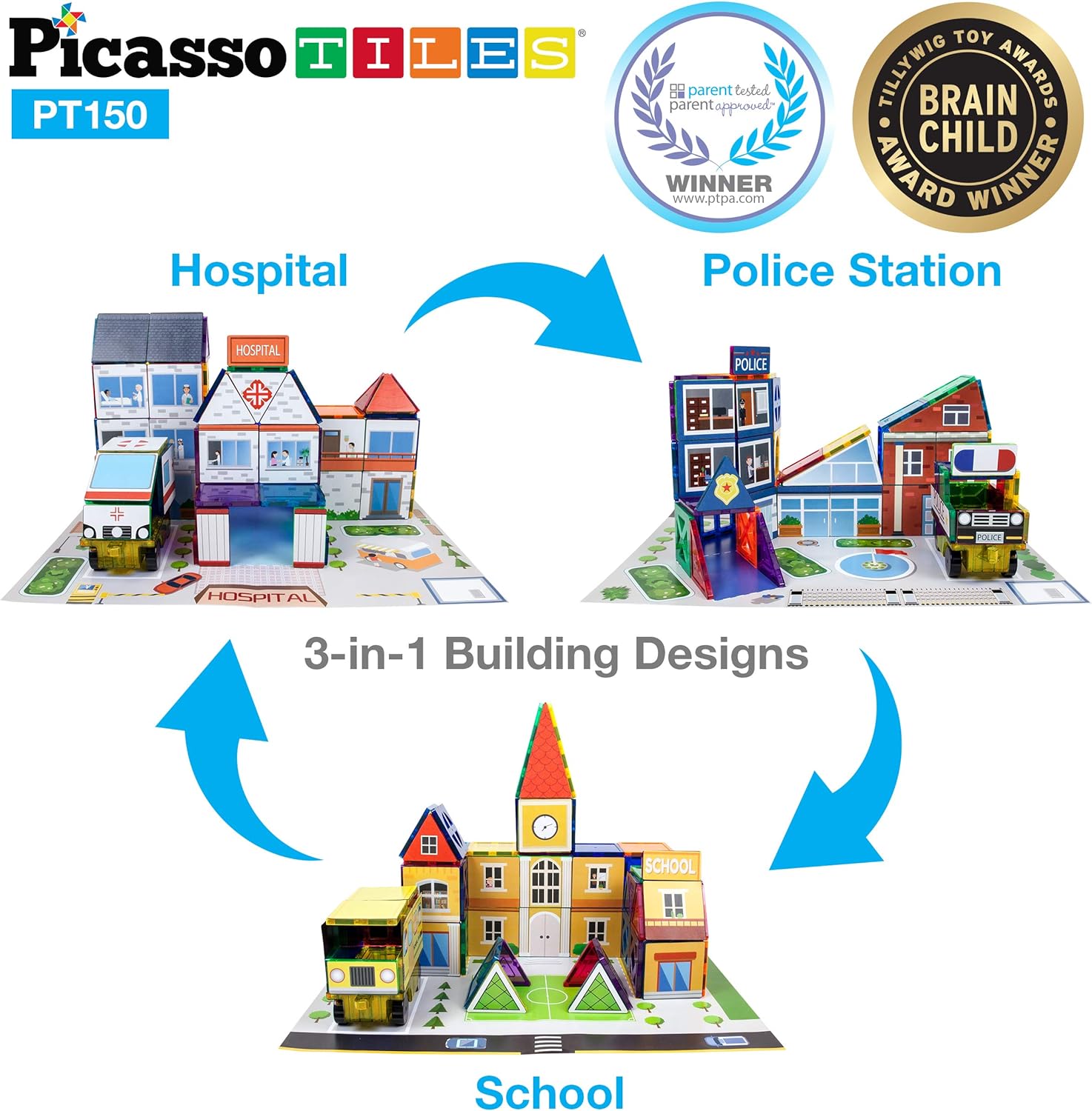 PicassoTiles 26pc Magnet Tiles  School Hospital Police Station 3D Building Block 3in1 Theme Set Magnet Self Adhesive Backing StickOn Sheet Combo with Car STEM Magnet Building Block PlaysetPicassoTiles 26pc Magnet Tiles  School Hospital Police Station 3D Building Block 3in1 Theme Set Magnet Self Adhesive Backing StickOn Sheet Combo with Car STEM Magnet Building Block Playset