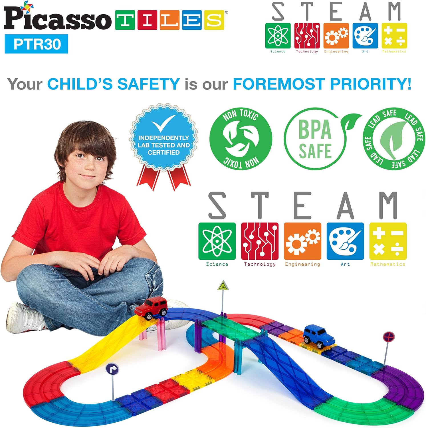 PicassoTiles 30 Pcs Race Car Track  63 Pcs Magnetic Block Toy Building Set Tiles Magnet DIY Playset 2 Race Car Trucks Toys STEM Learning Construction Kit HandEye Coordination Fine Motor SkillPicassoTiles 30 Pcs Race Car Track  63 Pcs Magnetic Block Toy Building Set Tiles Magnet DIY Playset 2 Race Car Trucks Toys STEM Learning Construction Kit HandEye Coordination Fine Motor Skill