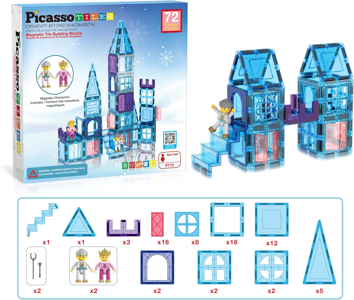 PicassoTiles 80 Pieces Magnetic Building Blocks Tiles Magnet Toys Diamond Toy Building Block Construction Set for STEM Sensory Toys Gifts Educational Playset Kid Brain Development Stacking BlocksWinter Ice