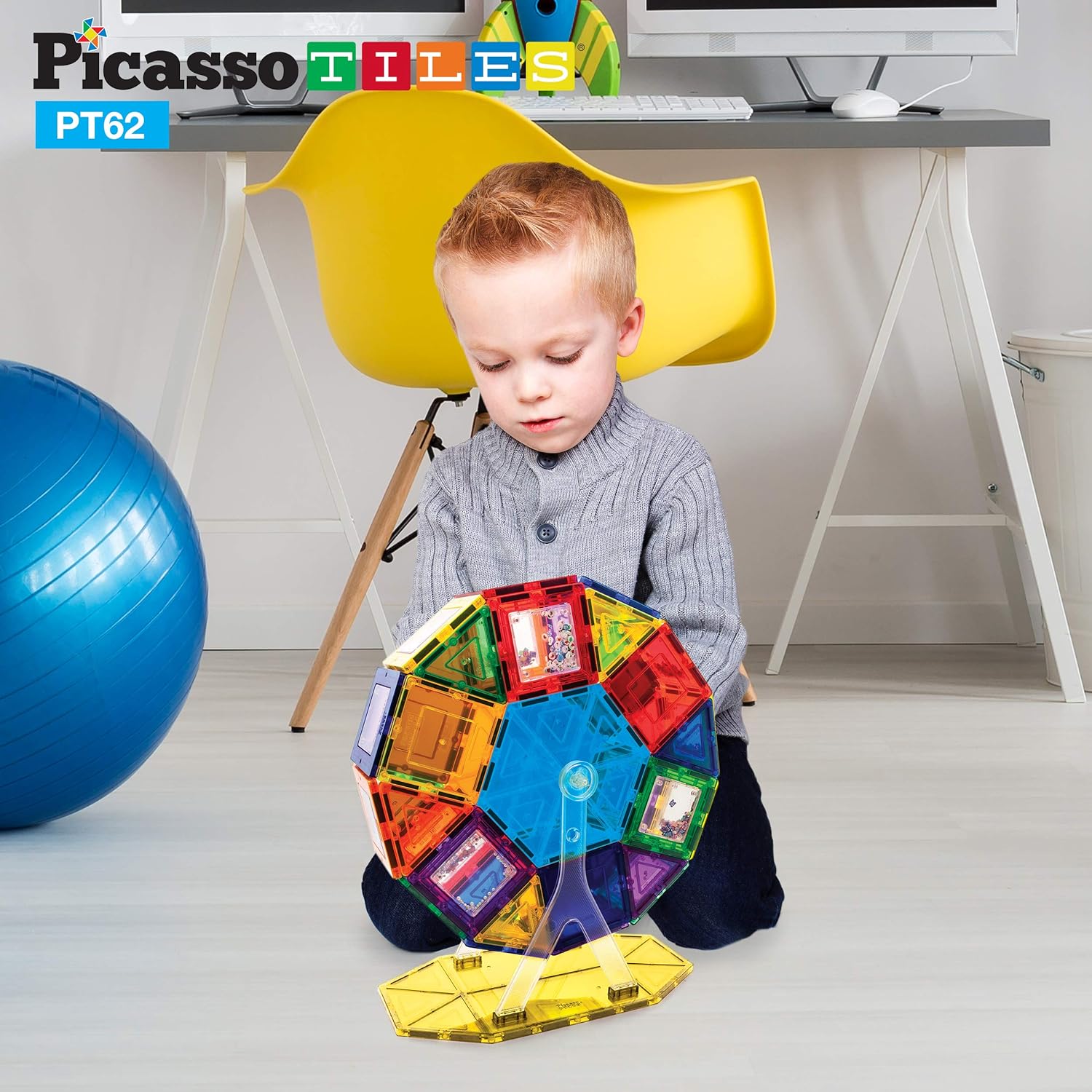 PicassoTiles Kids Toy Building Block Ferris Wheel Set LED Light Children Construction Kit Magnet Tiles Magnetic STEM Interlocking Playboard Educational Learning Stacking Blocks Brain Development PT6262pc