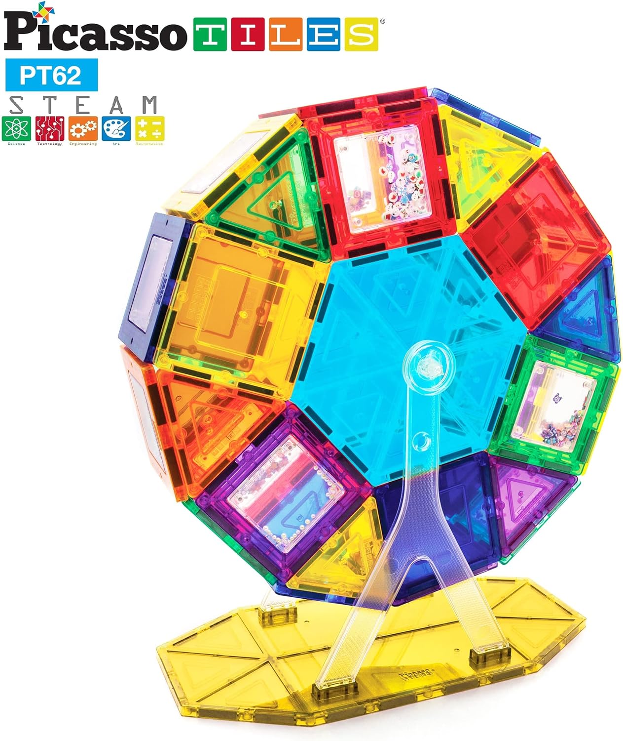 PicassoTiles Kids Toy Building Block Ferris Wheel Set LED Light Children Construction Kit Magnet Tiles Magnetic STEM Interlocking Playboard Educational Learning Stacking Blocks Brain Development PT6262pc