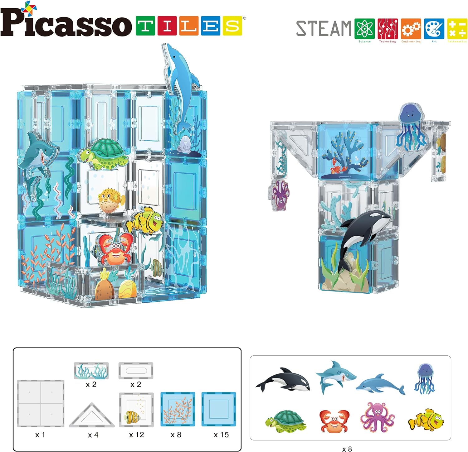 PicassoTiles Magnet Tile Building Blocks Aquarium Marine Animal Theme Set with 8 Character Action Figures STEM Construction Magnetic Tiles Toy Preschool Toddlers Kids Boys Girls Toys 3 PTQ15PicassoTiles Magnet Tile Building Blocks Aquarium Marine Animal Theme Set with 8 Character Action Figures STEM Construction Magnetic Tiles Toy Preschool Toddlers Kids Boys Girls Toys 3 PTQ15