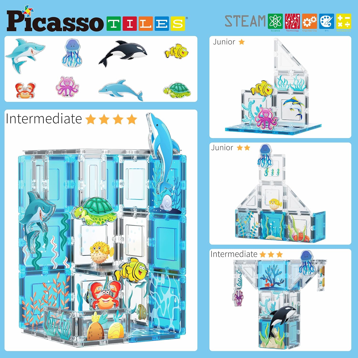 PicassoTiles Magnet Tile Building Blocks Aquarium Marine Animal Theme Set with 8 Character Action Figures STEM Construction Magnetic Tiles Toy Preschool Toddlers Kids Boys Girls Toys 3 PTQ15PicassoTiles Magnet Tile Building Blocks Aquarium Marine Animal Theme Set with 8 Character Action Figures STEM Construction Magnetic Tiles Toy Preschool Toddlers Kids Boys Girls Toys 3 PTQ15