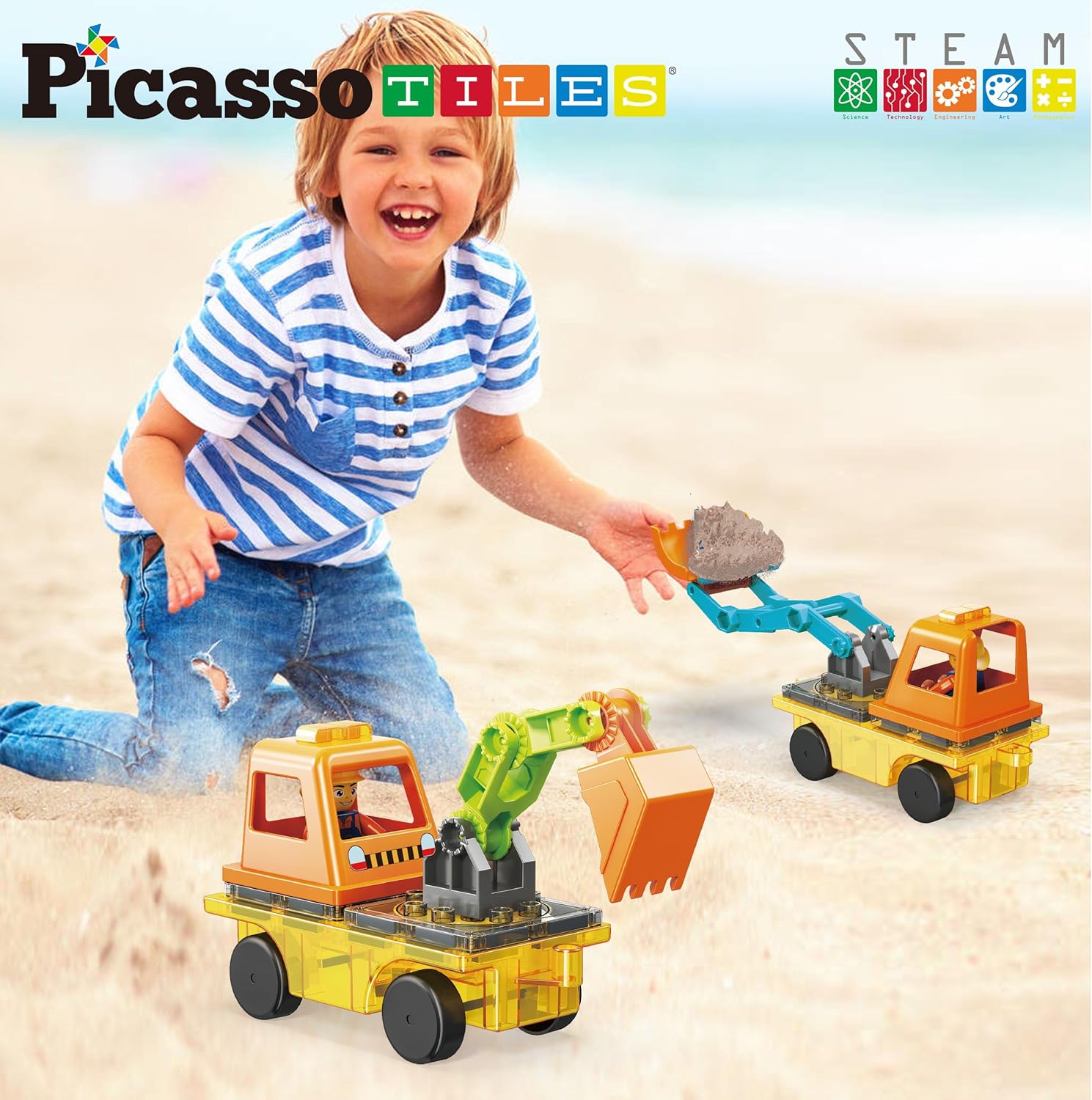 PicassoTiles Magnet Tiles Building Block 2in1 Excavator amp Backhoe Brick Compatible Construction Playset with Car Base Magnetic Character Action Figure STEM Educational Learning Toy Kit Age 3 PTU04PicassoTiles Magnet Tiles Building Block 2in1 Excavator amp Backhoe Brick Compatible Construction Playset with Car Base Magnetic Character Action Figure STEM Educational Learning Toy Kit Age 3 PTU04