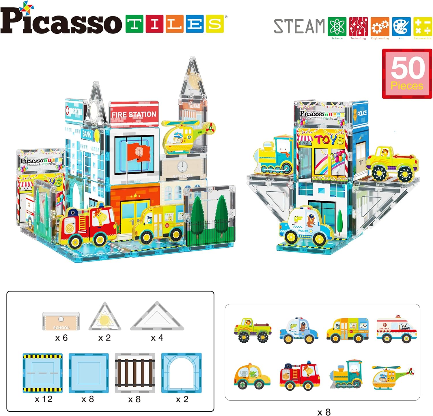 PicassoTiles Magnetic Tiles Building Construction Blocks Metro City Town Pretend Play Toy Set with 8 Magnet Car Vehicle Character Action Figures Preschool STEAM Learning Educational Kit Ages 3 PTQ14PicassoTiles Magnetic Tiles Building Construction Blocks Metro City Town Pretend Play Toy Set with 8 Magnet Car Vehicle Character Action Figures Preschool STEAM Learning Educational Kit Ages 3 PTQ14