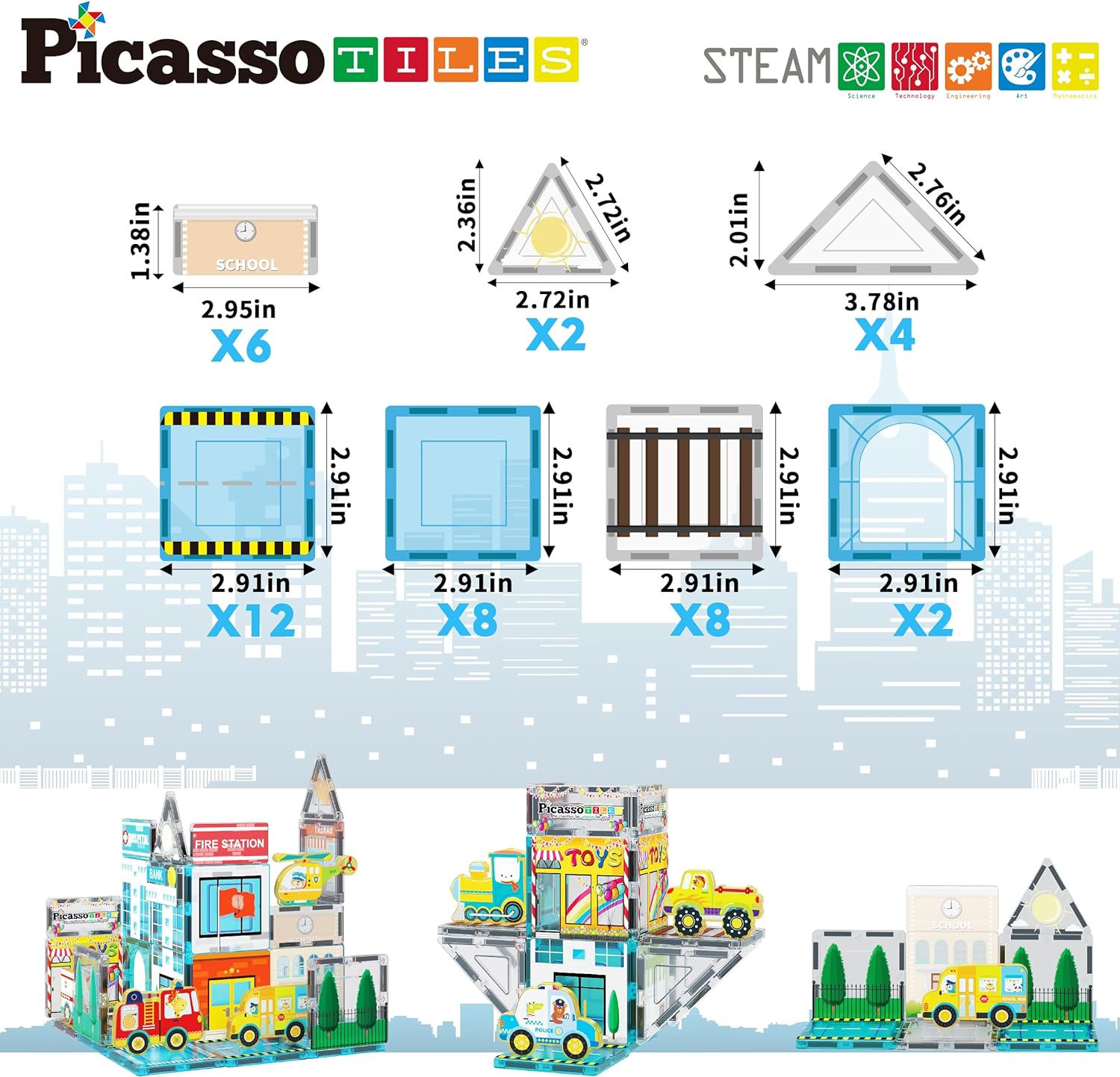PicassoTiles Magnetic Tiles Building Construction Blocks Metro City Town Pretend Play Toy Set with 8 Magnet Car Vehicle Character Action Figures Preschool STEAM Learning Educational Kit Ages 3 PTQ14PicassoTiles Magnetic Tiles Building Construction Blocks Metro City Town Pretend Play Toy Set with 8 Magnet Car Vehicle Character Action Figures Preschool STEAM Learning Educational Kit Ages 3 PTQ14