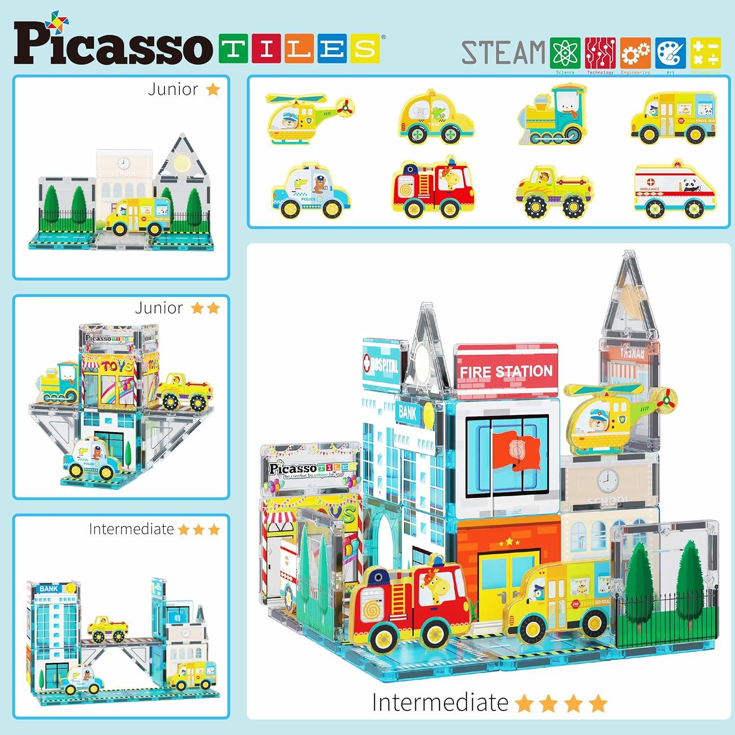 PicassoTiles Magnetic Tiles Building Construction Blocks Metro City Town Pretend Play Toy Set with 8 Magnet Car Vehicle Character Action Figures Preschool STEAM Learning Educational Kit Ages 3 PTQ14PicassoTiles Magnetic Tiles Building Construction Blocks Metro City Town Pretend Play Toy Set with 8 Magnet Car Vehicle Character Action Figures Preschool STEAM Learning Educational Kit Ages 3 PTQ14
