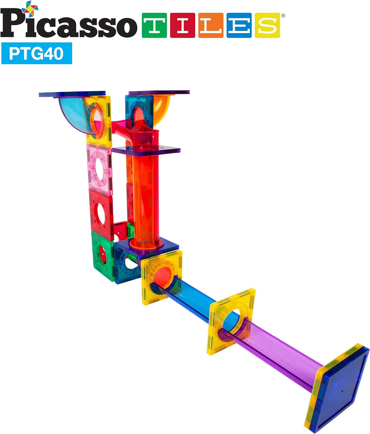 PicassoTiles Marble Run 40 Piece Magnetic Tile Race Track Toy Play Set STEM Building amp Learning Early Educational Child Magnet Construction Block Creative Kit Boys amp Girls Age 3 Years Old Toys PTG4040 Piece