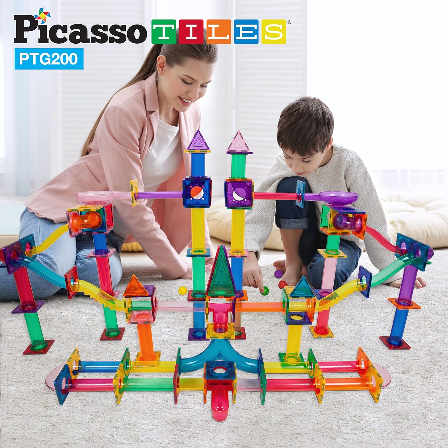 PicassoTiles Marble Run 40 Piece Magnetic Tile Race Track Toy Play Set STEM Building amp Learning Early Educational Child Magnet Construction Block Creative Kit Boys amp Girls Age 3 Years Old Toys PTG40200 Piece