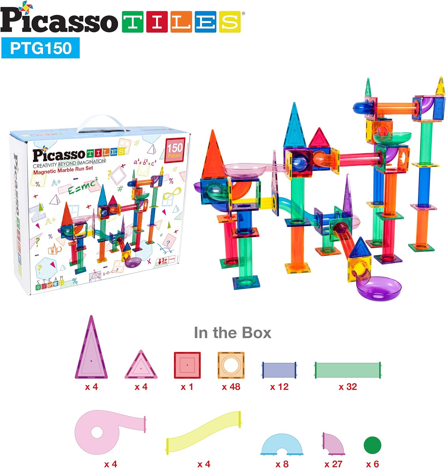 PicassoTiles Marble Run 40 Piece Magnetic Tile Race Track Toy Play Set STEM Building amp Learning Early Educational Child Magnet Construction Block Creative Kit Boys amp Girls Age 3 Years Old Toys PTG40150 Piece