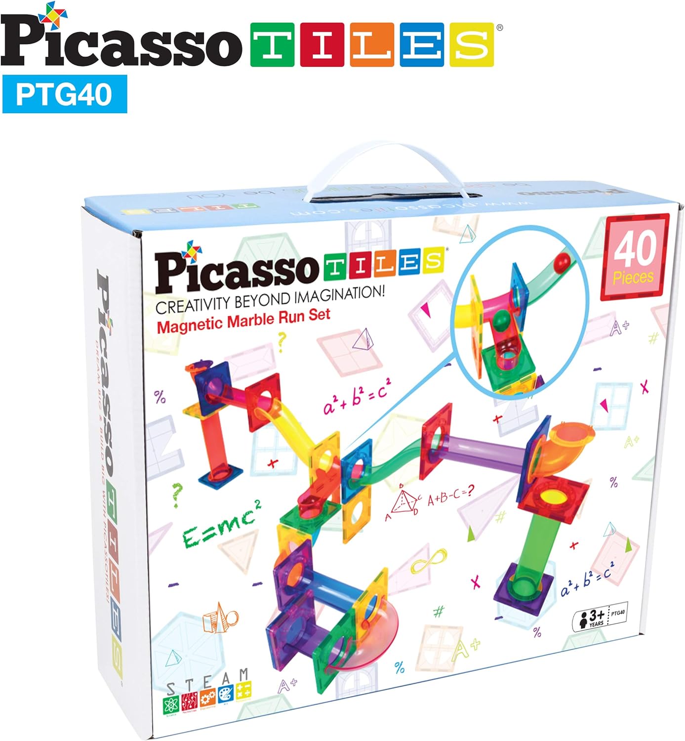PicassoTiles Marble Run 40 Piece Magnetic Tile Race Track Toy Play Set STEM Building amp Learning Early Educational Child Magnet Construction Block Creative Kit Boys amp Girls Age 3 Years Old Toys PTG4040 Piece